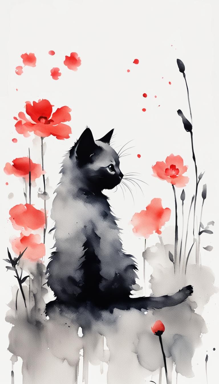 Kitten Playing with Flower: Chinese Ink Painting