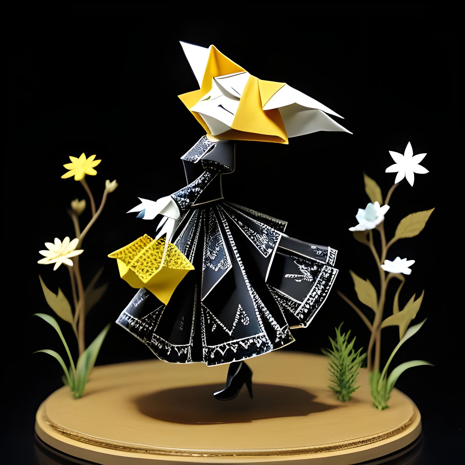 Origami Lady Dancing with Fox in Naive Art