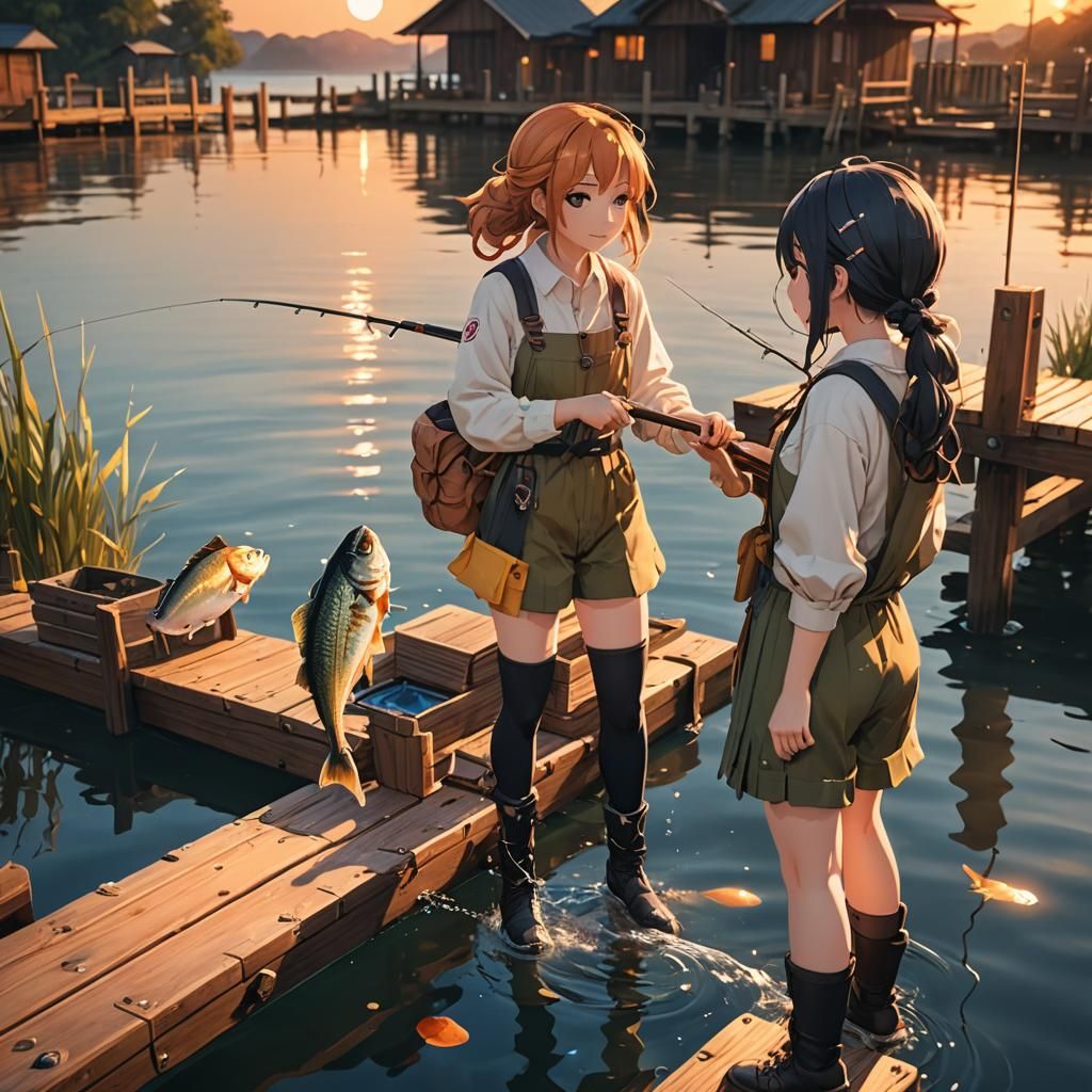 Anime Girls Fishing at Sunset in 3D Style