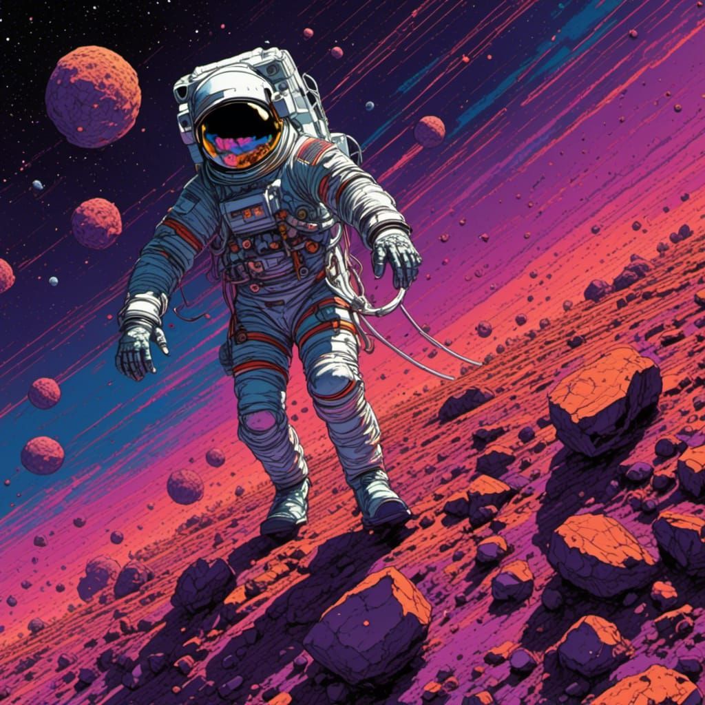 Spaceman navigating an asteroid field <lora:Neon Roast:1.0>