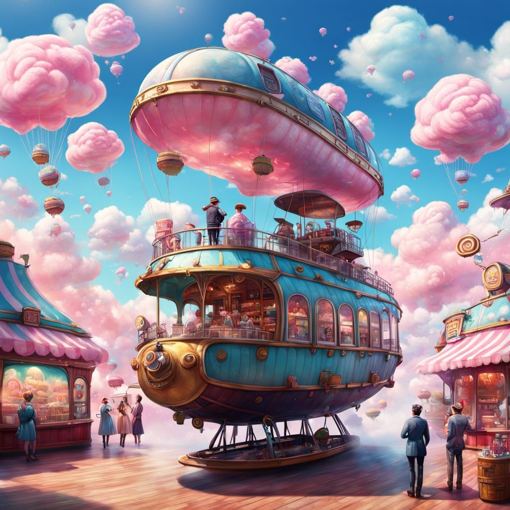 1950s Fantasy Cotton Candy Airship: Hyperrealistic Concept A...