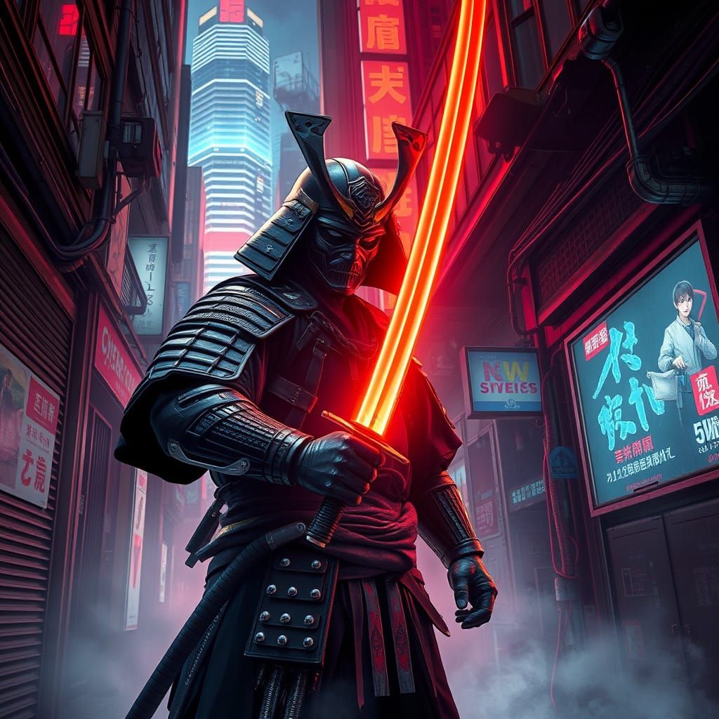 Cyberpunk Samurai in Neon Alleyway with Katana