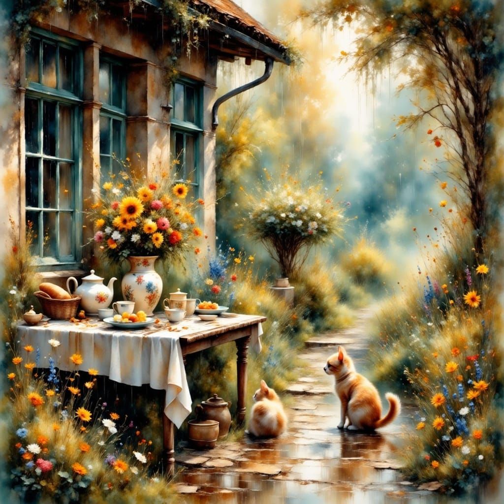 Summer Rain on Country Veranda with Kitten