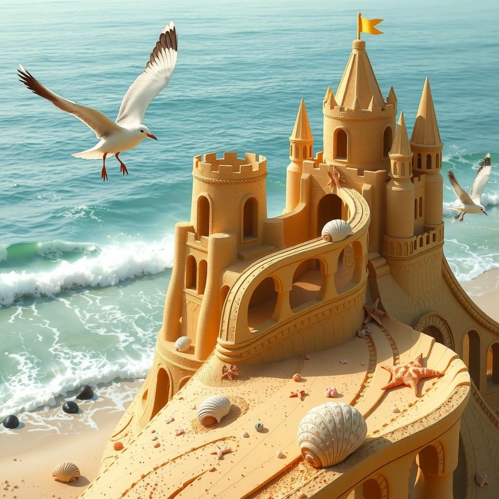 Seaside Sandcastle Roller Coaster in Dreamlike Style