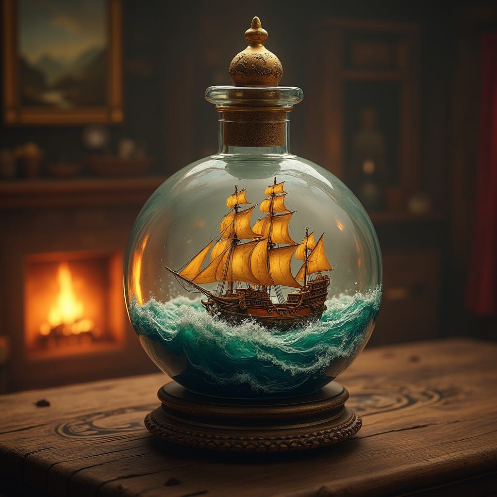 Galleon Ship in Glass Bottle: Digital Matte Painting