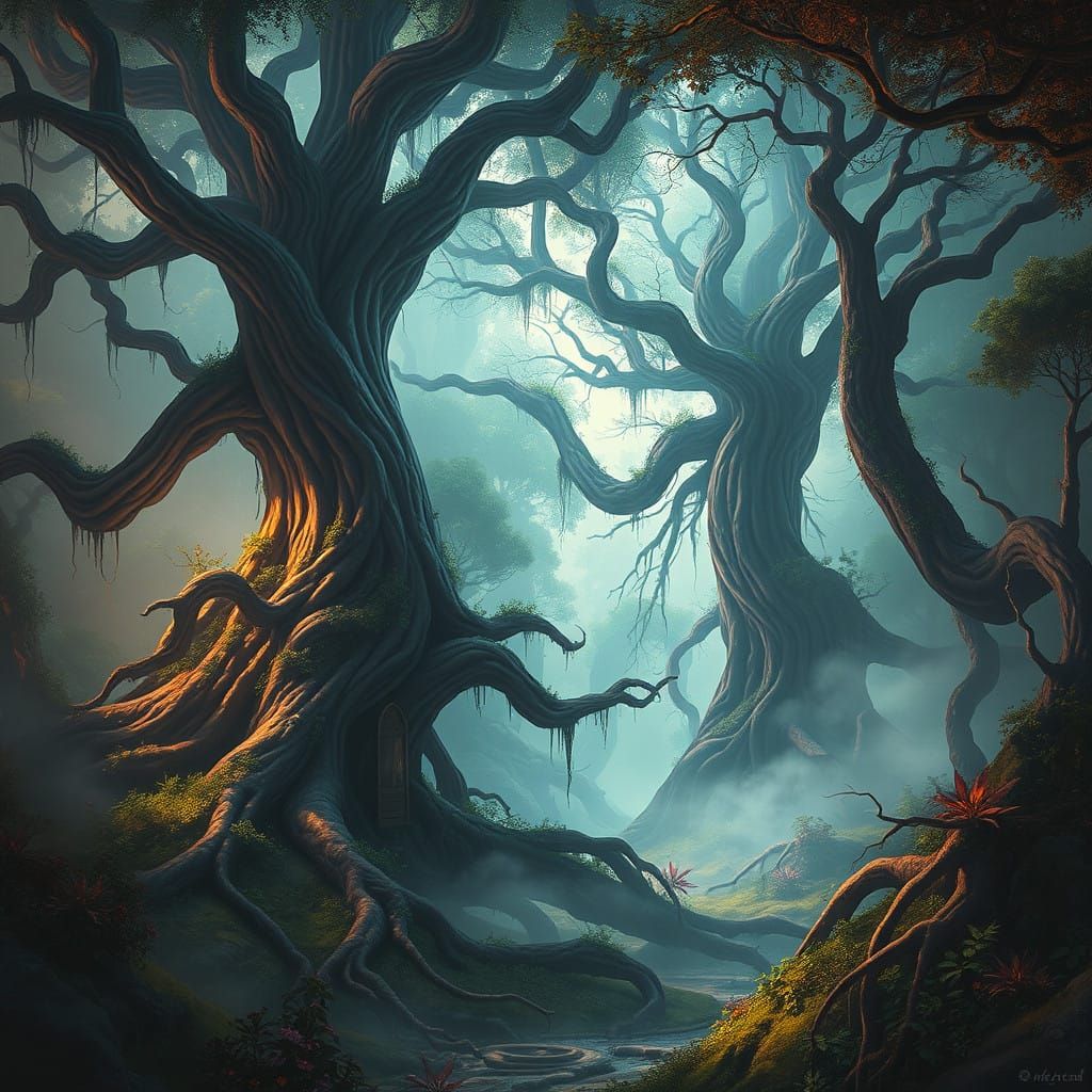 Surreal Landscape of Gnarled Trees and Vibrant Colors