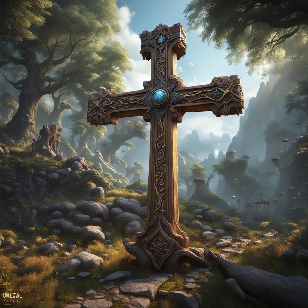 Wooden Cross with Tusk in Detailed Matte Painting