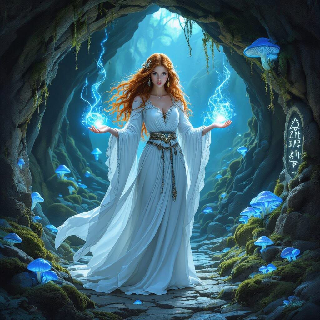 Ethereal Sorceress Casting Spells in Bioluminescent Grotto