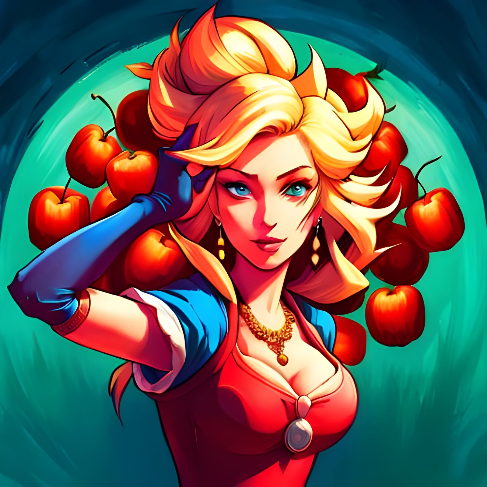 Princess Peach Surrounded by Peaches: Cartoon Portrait