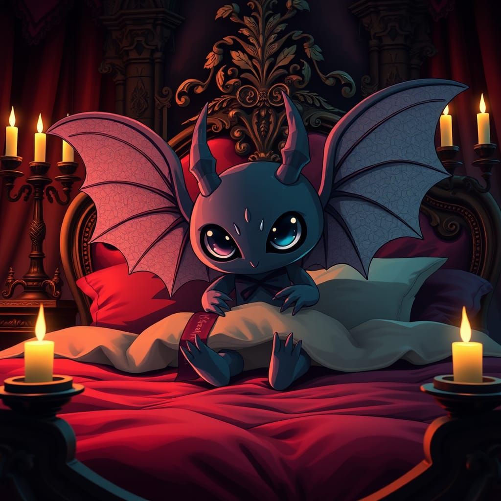 Adorable Mothman Plushie on Gothic Bed, Anime Style