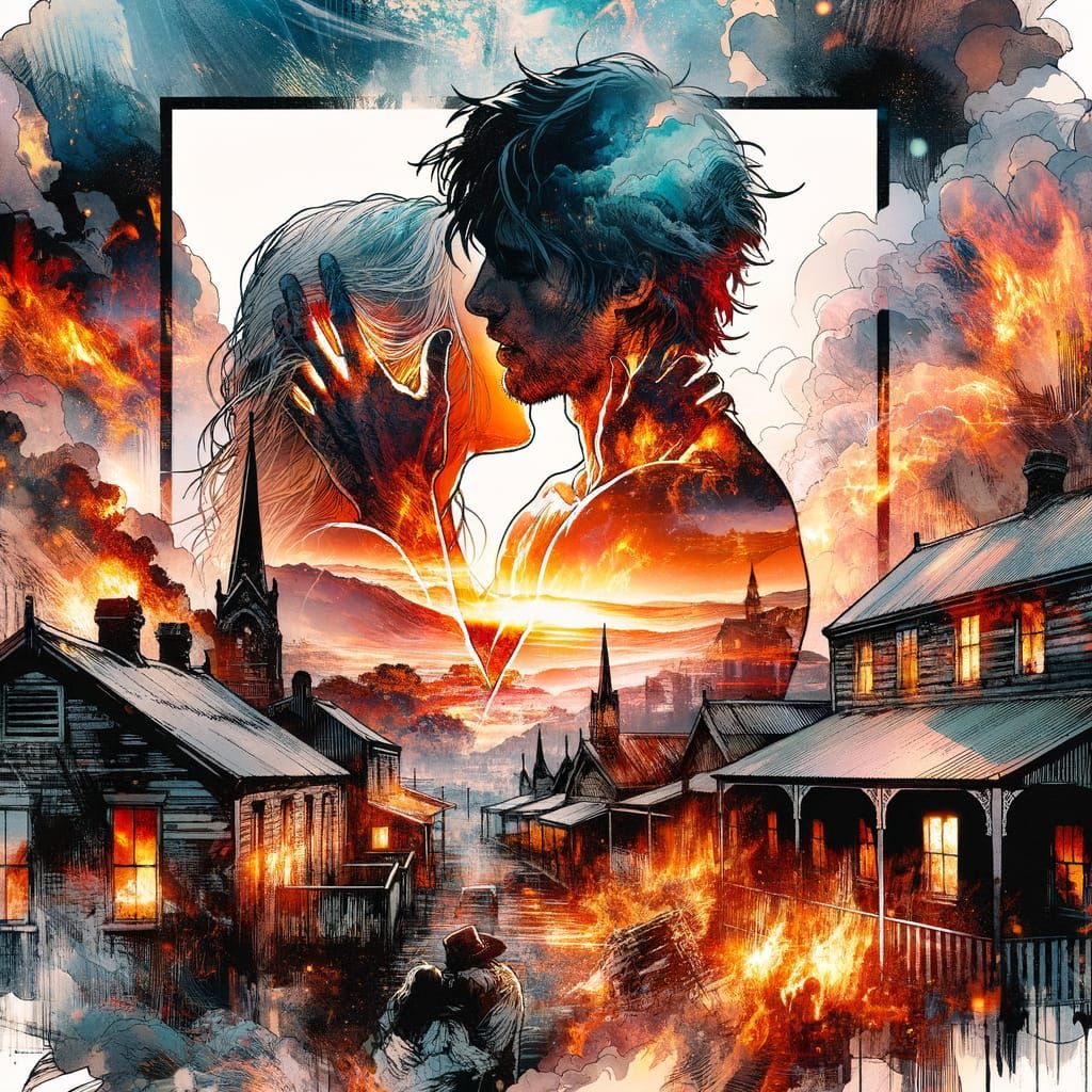Fiery Embrace: Double Exposure Love in the Outback