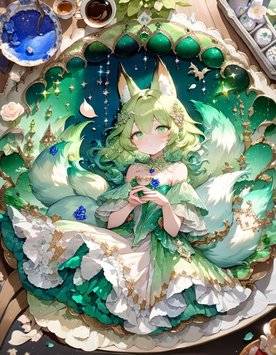 Stunning Watercolour Fox Kit in Teacup Amidst Whimsical Star...