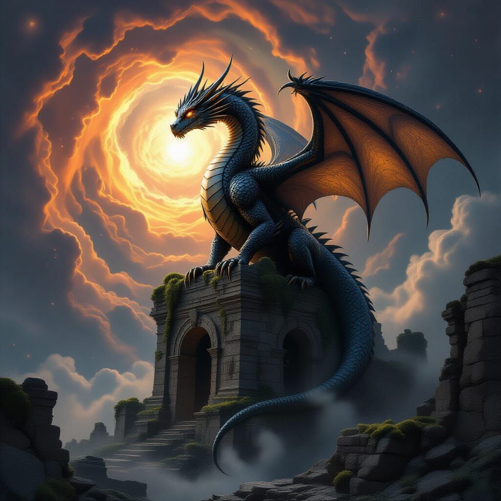 Ancient Obsidian Dragon on Ruin Over Cosmic Vortex