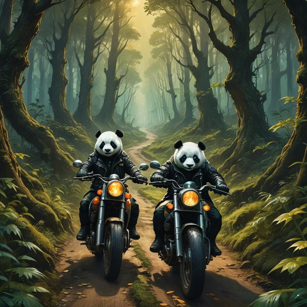 Panda on Motorcycle in Enchanted Forest