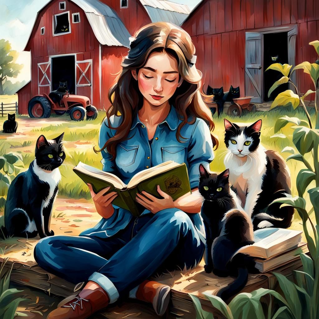 Girl Reading on Farm with Cats: Photo-realistic AI Art