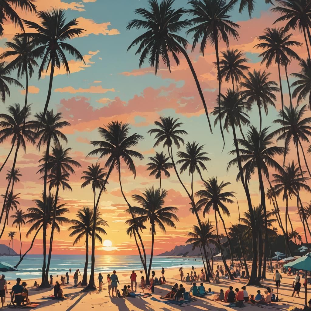 Summer Beach Sunset with Palm Trees