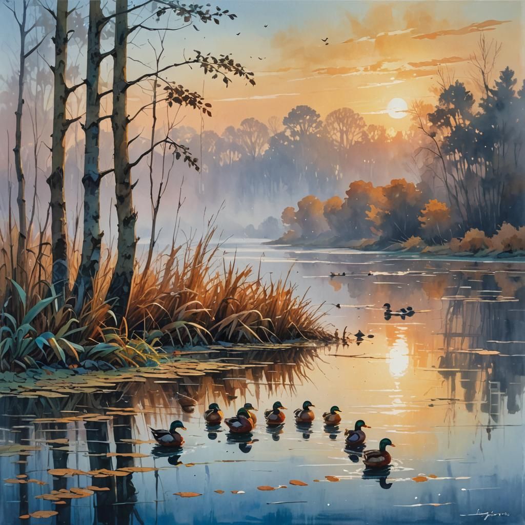 Impressionist Ducks on Misty Lake Shore at Sunrise