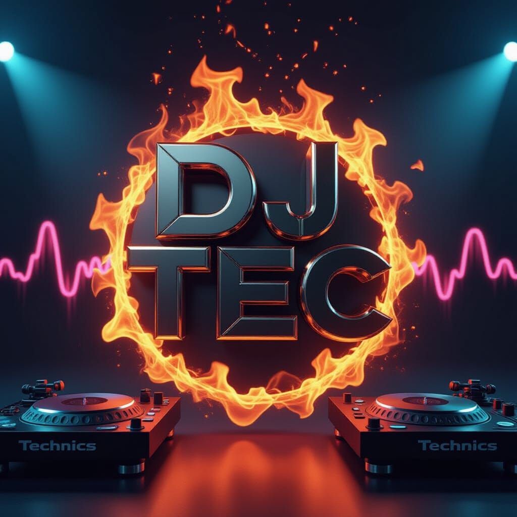 Dj Tec Logo: Fiery Metallic Sound Waves in 3D