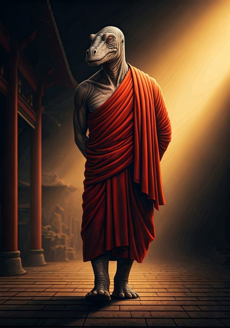 Sauropod Monk in Asian Monastery, Hyper-Realistic Art