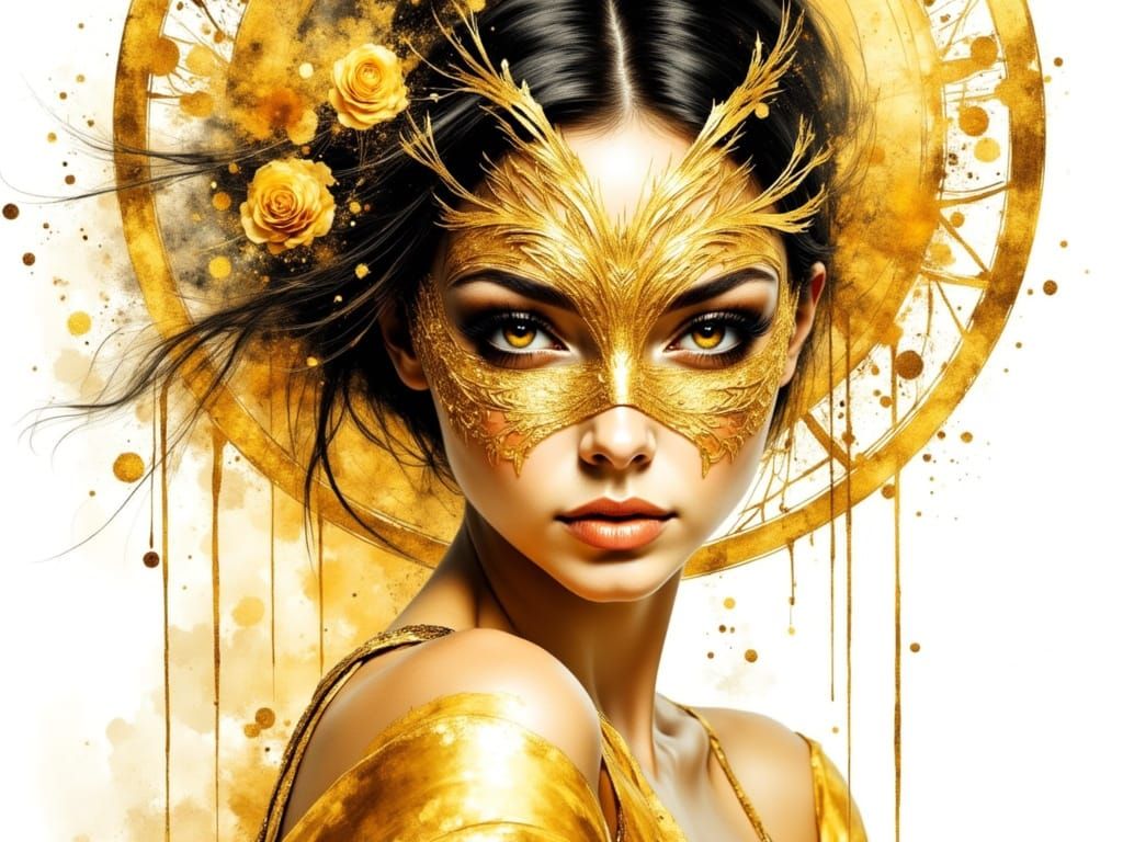 Woman in Golden Mask with Klimt-Inspired Ornaments