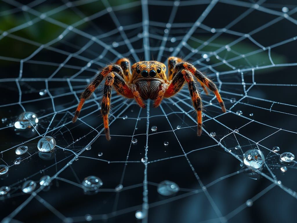 Jumping Spider on Floating Web Over Dark River