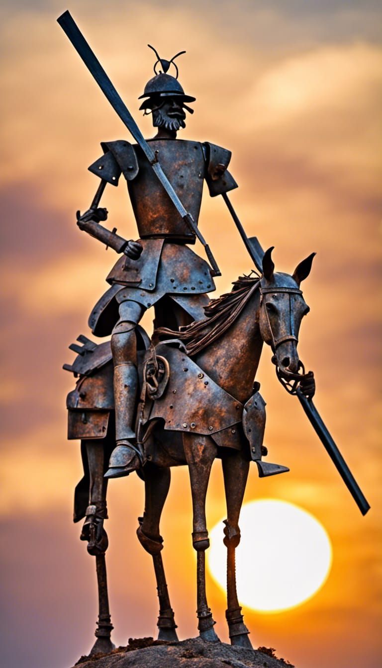Scrap Metal Don Quixote Statue at Sunset