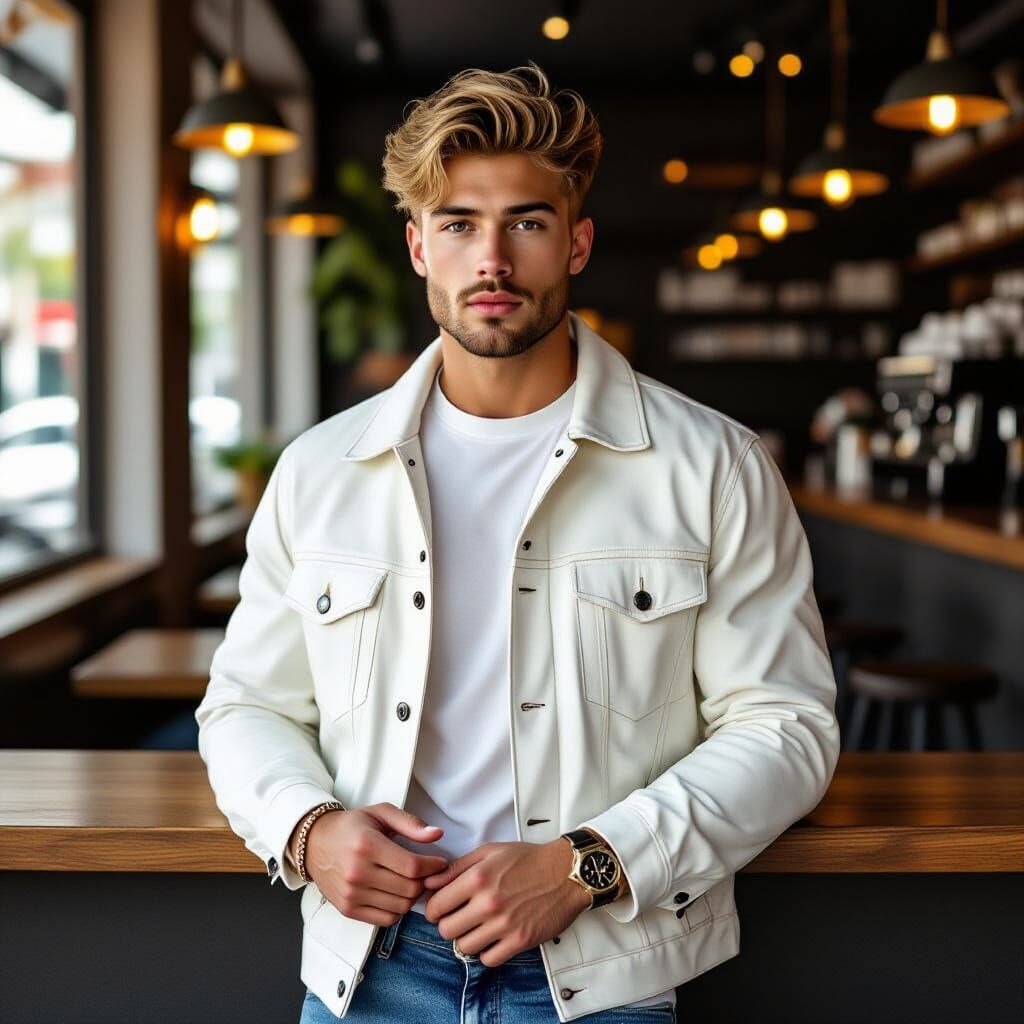 Cute Male Model in Trendy Cafe & Disco Outfit