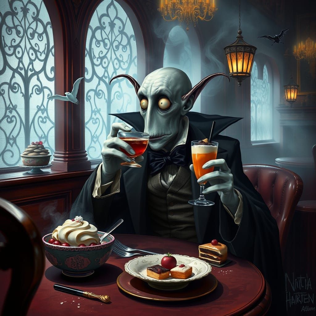 Victorian Vampire Ghost in Dessert Parlour, Burton-esque