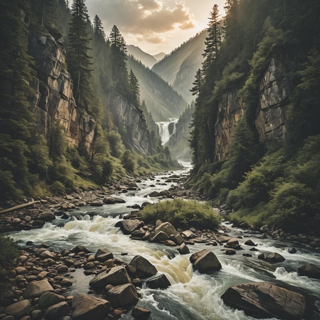 Mountain River at Dawn: Hyperdetailed Concept Art