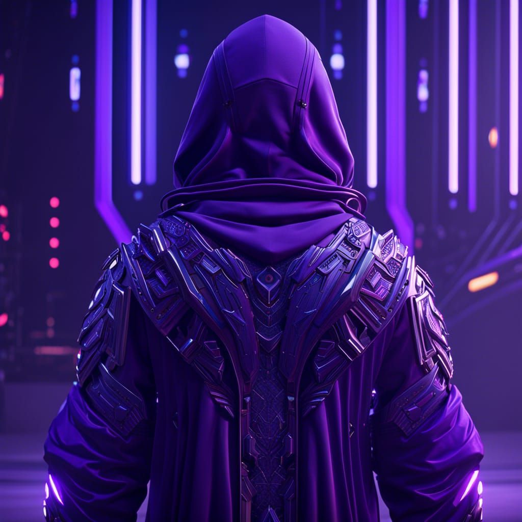 Futuristic Figure in Purple Robe with Mech Details