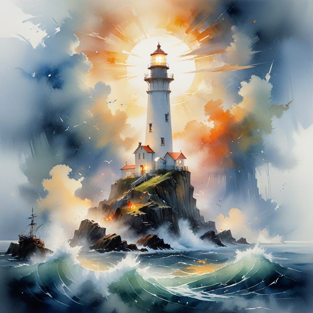 Lighthouse Guiding Ships Through Mist, in Watercolour Style