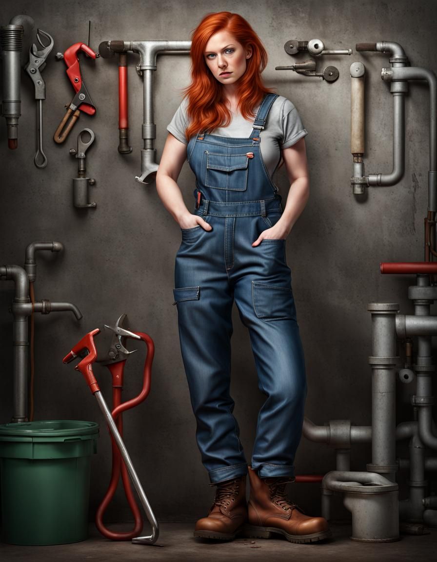 Redhead Plumber in Overalls with Wrench