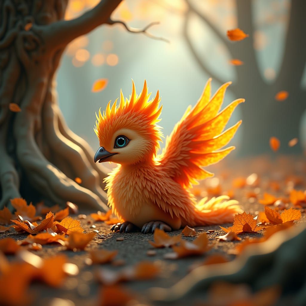 Baby Phoenix Frolics in Autumn Fantasy Art