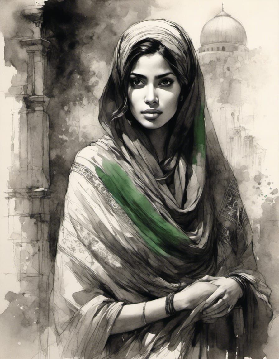 Palestinian Woman: Black and White Sketch Art