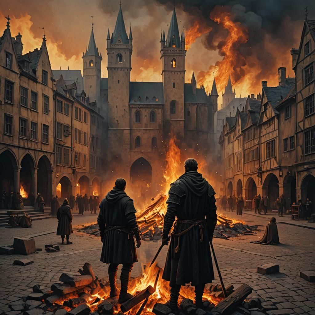 Man on Pyre in Medieval City Square