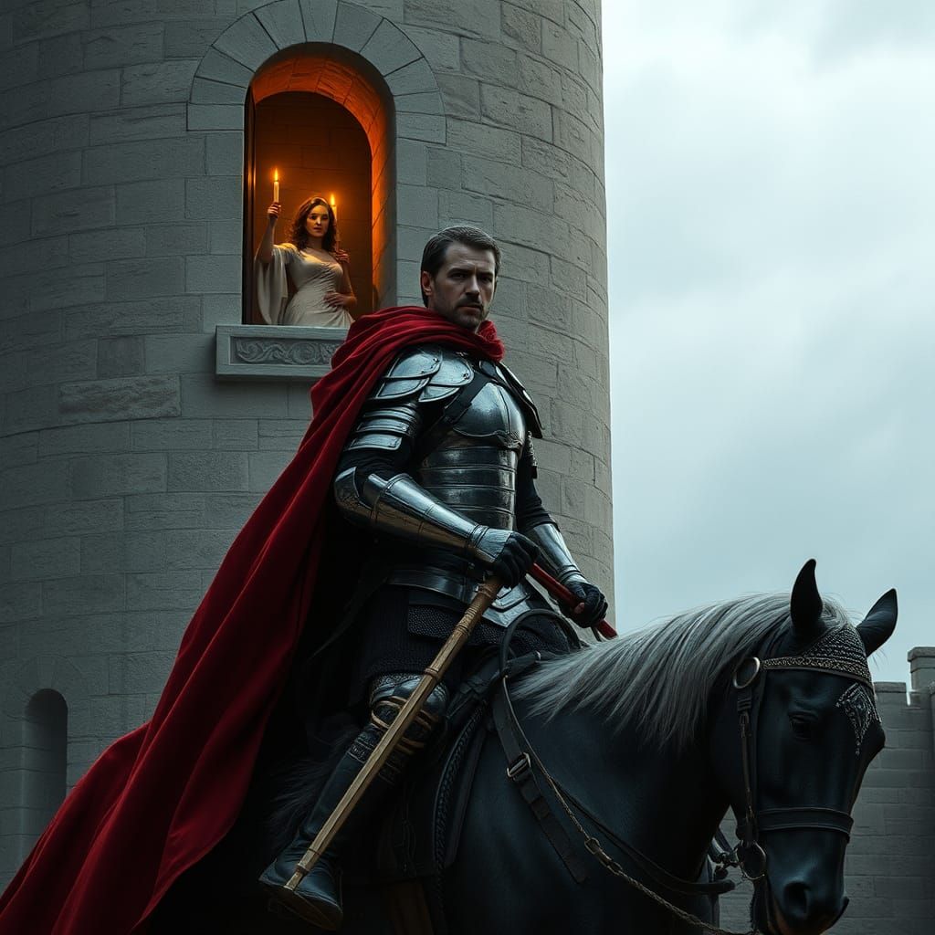 Nostalgic Knight Rides Past Gothic Tower