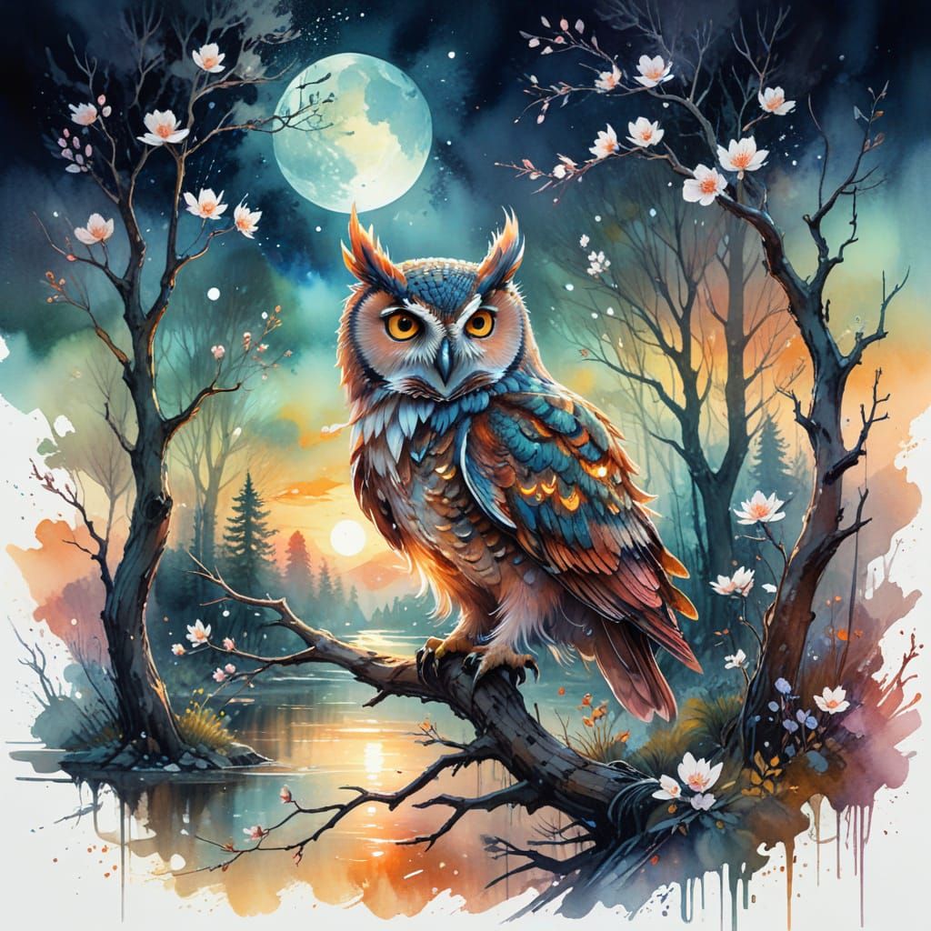 Luminescent Owl in Moonlit Forest: Watercolor Digital Art