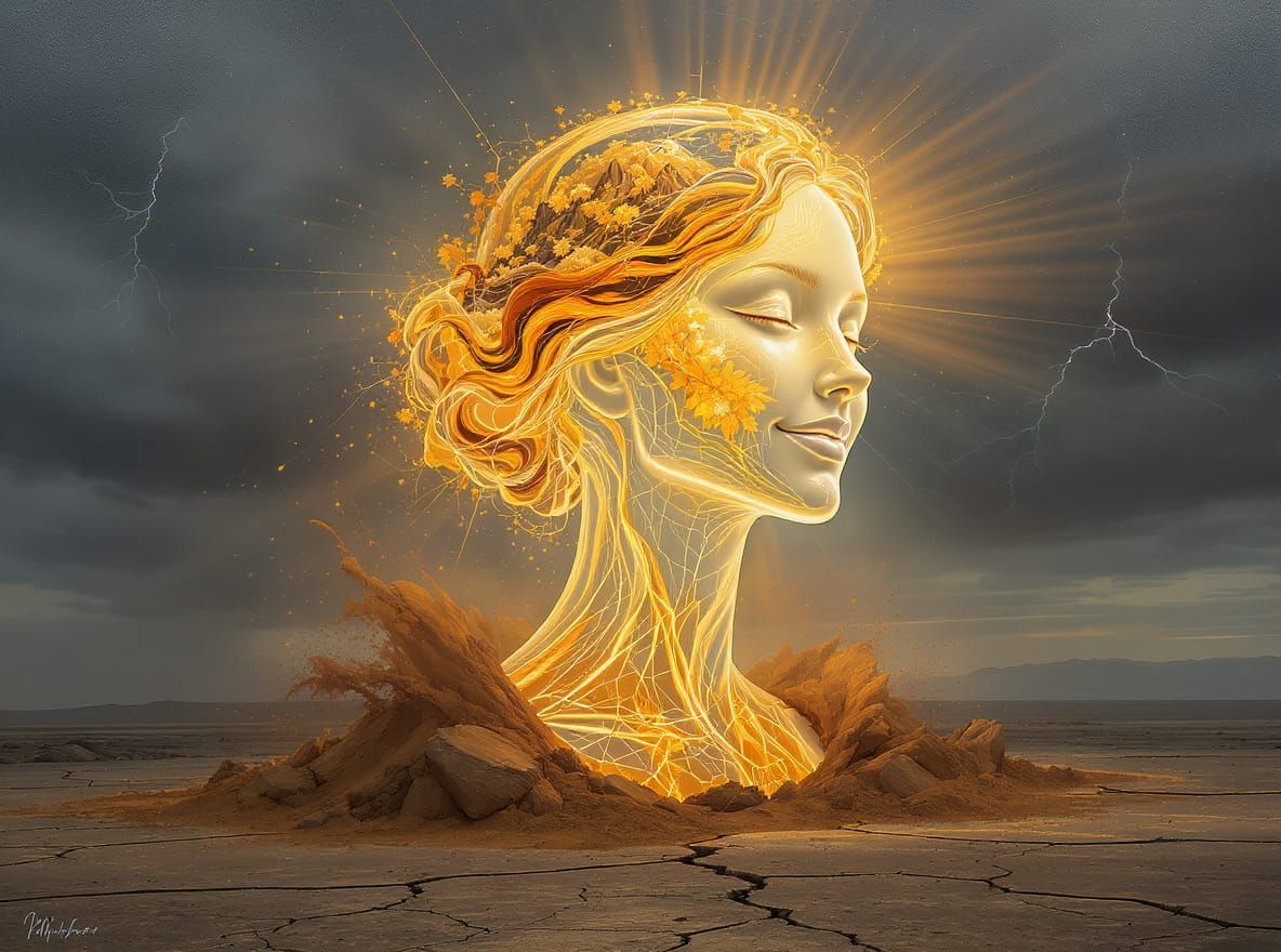 Glass Woman Emerges from Cracked Earth in Surreal Landscape