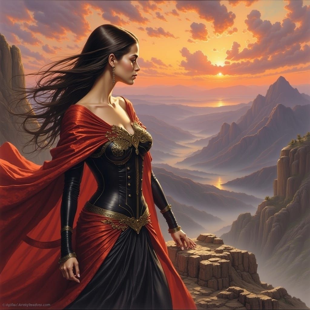 Woman on Cliff with Red Cape: Romantic Landscape