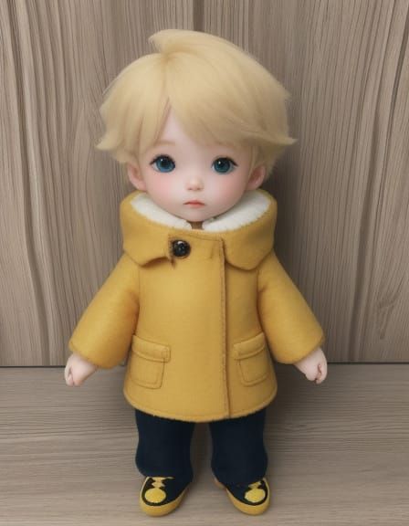 Cheerful Felt Plush of Blond Boy in Yellow Coat