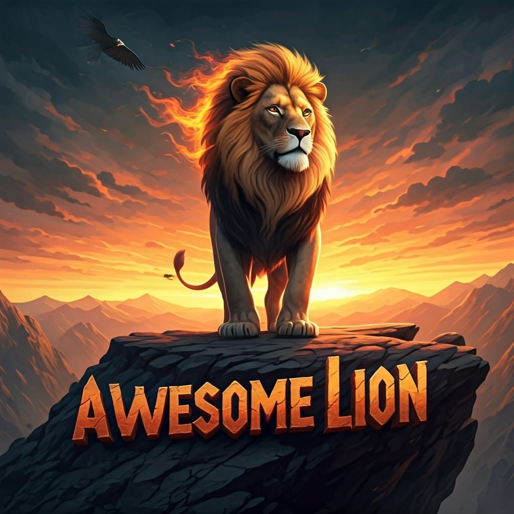 In a breathtaking digital painting, a majestic lion with a flowing mane of fiery flames stands proudly atop a rocky clif...