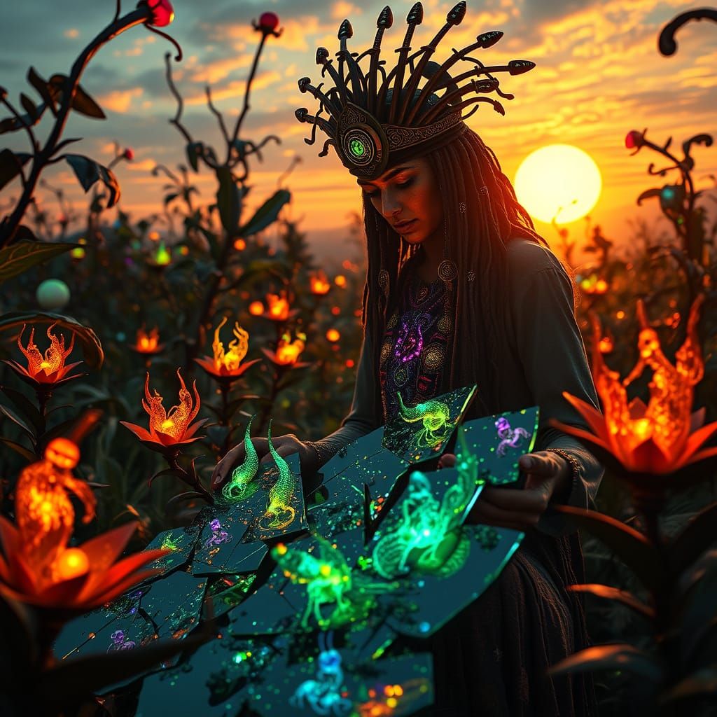 Mystical Shaman in Bioluminescent Fantasy Kingdom