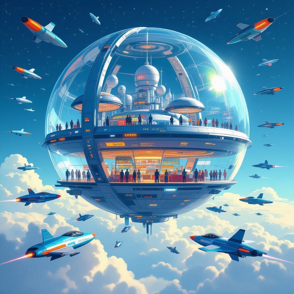 Futuristic Space Station with Swarming Spaceships