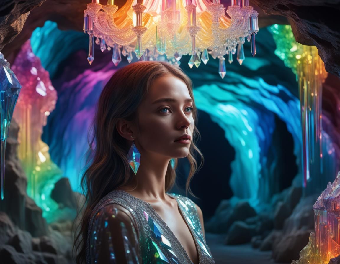 Crystal Cave Woman in Hyperrealistic Synthwave Style