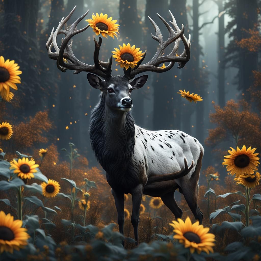Black Sunflower and White-Tailed Deer in Matte Painting