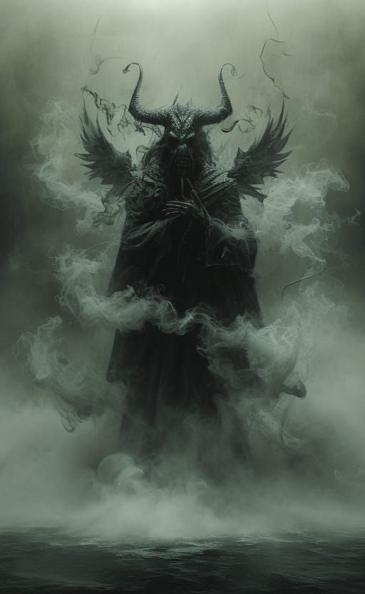 Lucifer Arising from Electric Crimson Smoke