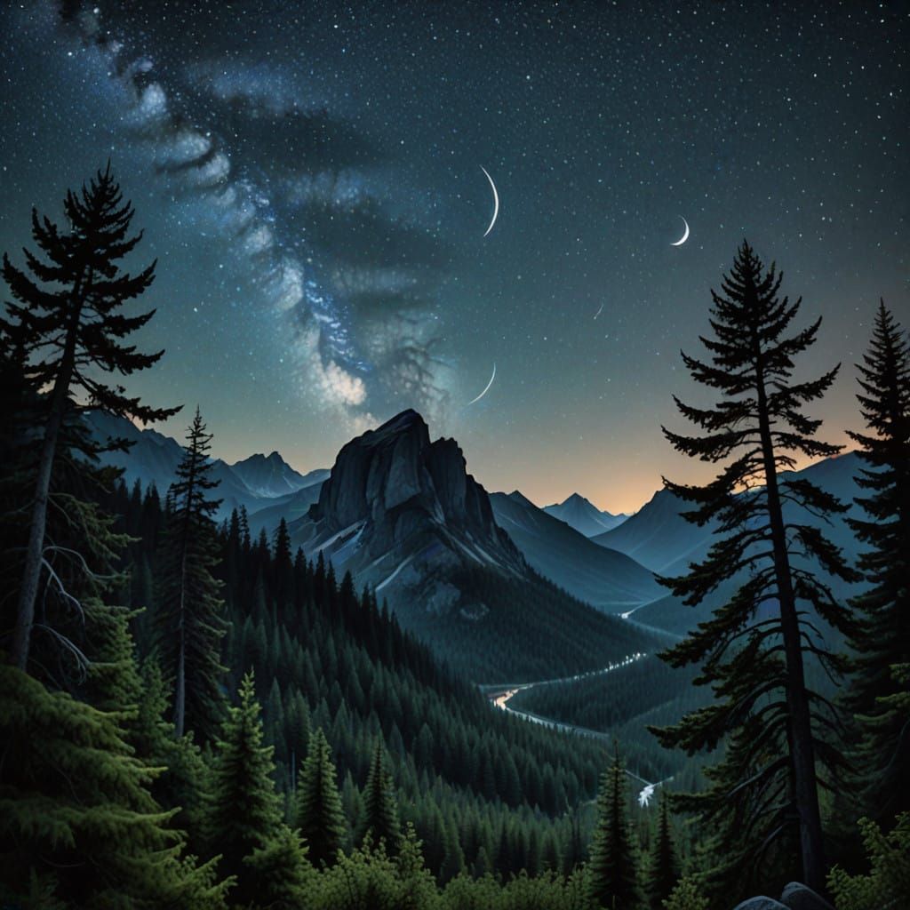 Surreal Forest Landscape Under Crescent Moonlight