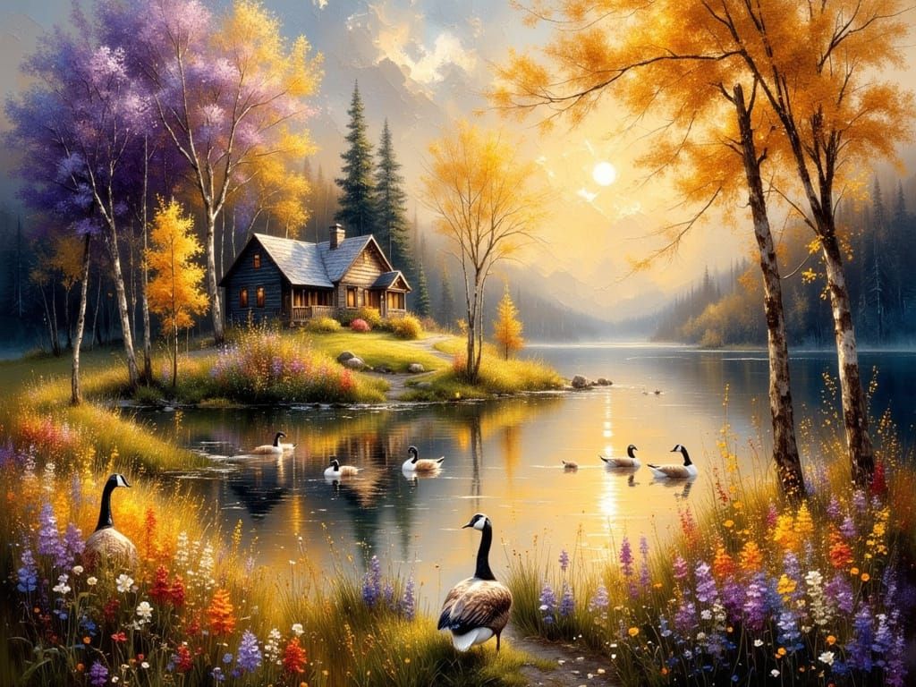 Hyperrealistic Geese on Shimmering Lake at Golden Hour