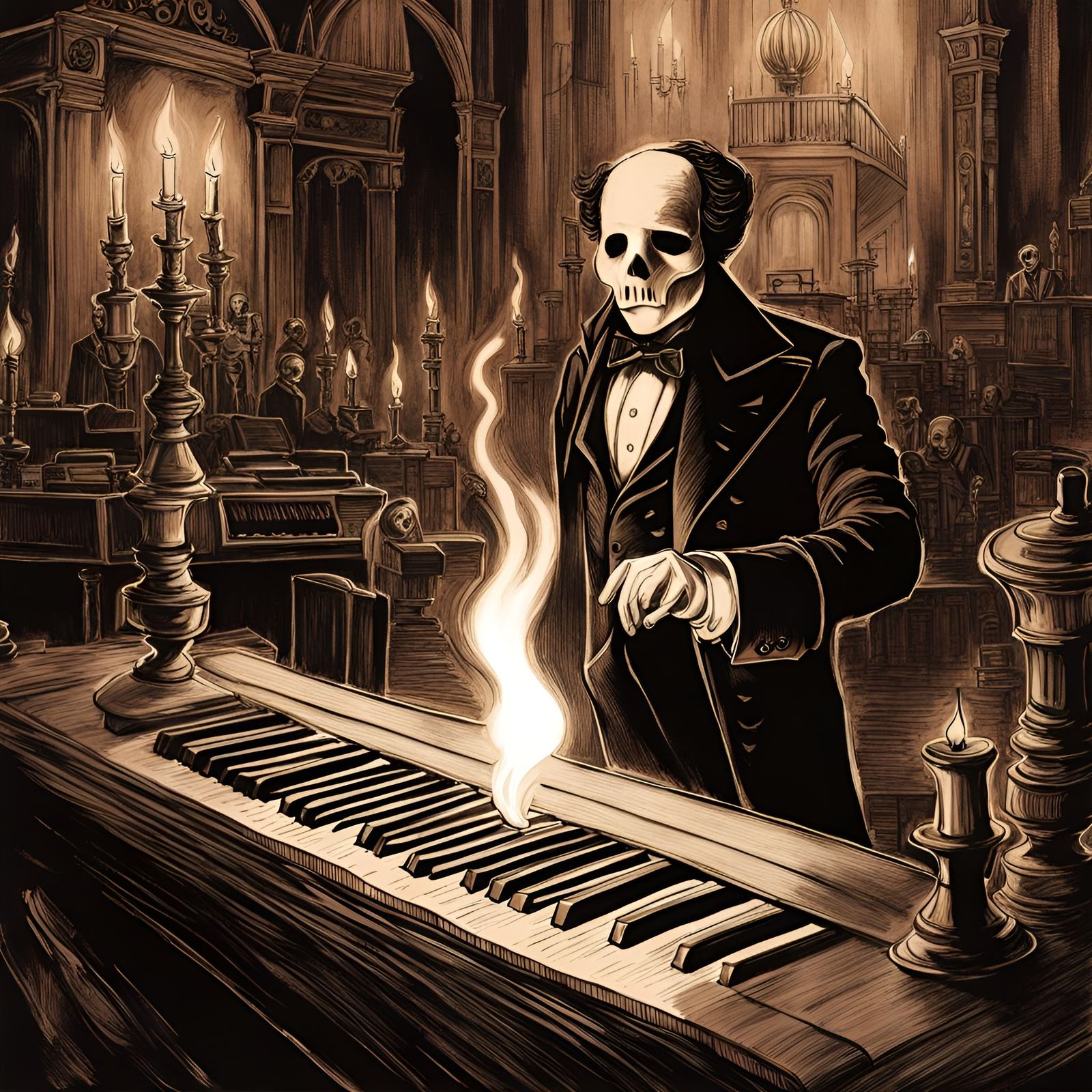Post-Apocalyptic Phantom of the Opera Ink Drawing