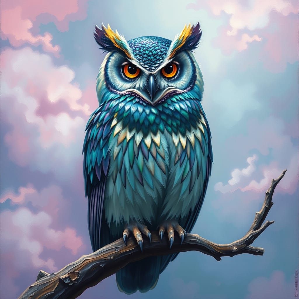 Majestic Owl in Dreamlike State with Iridescent Feathers